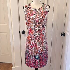 Elie Tahari Stretch Cotton Floral Print Sleeveless Knee Length Pearls Pink Sz 6